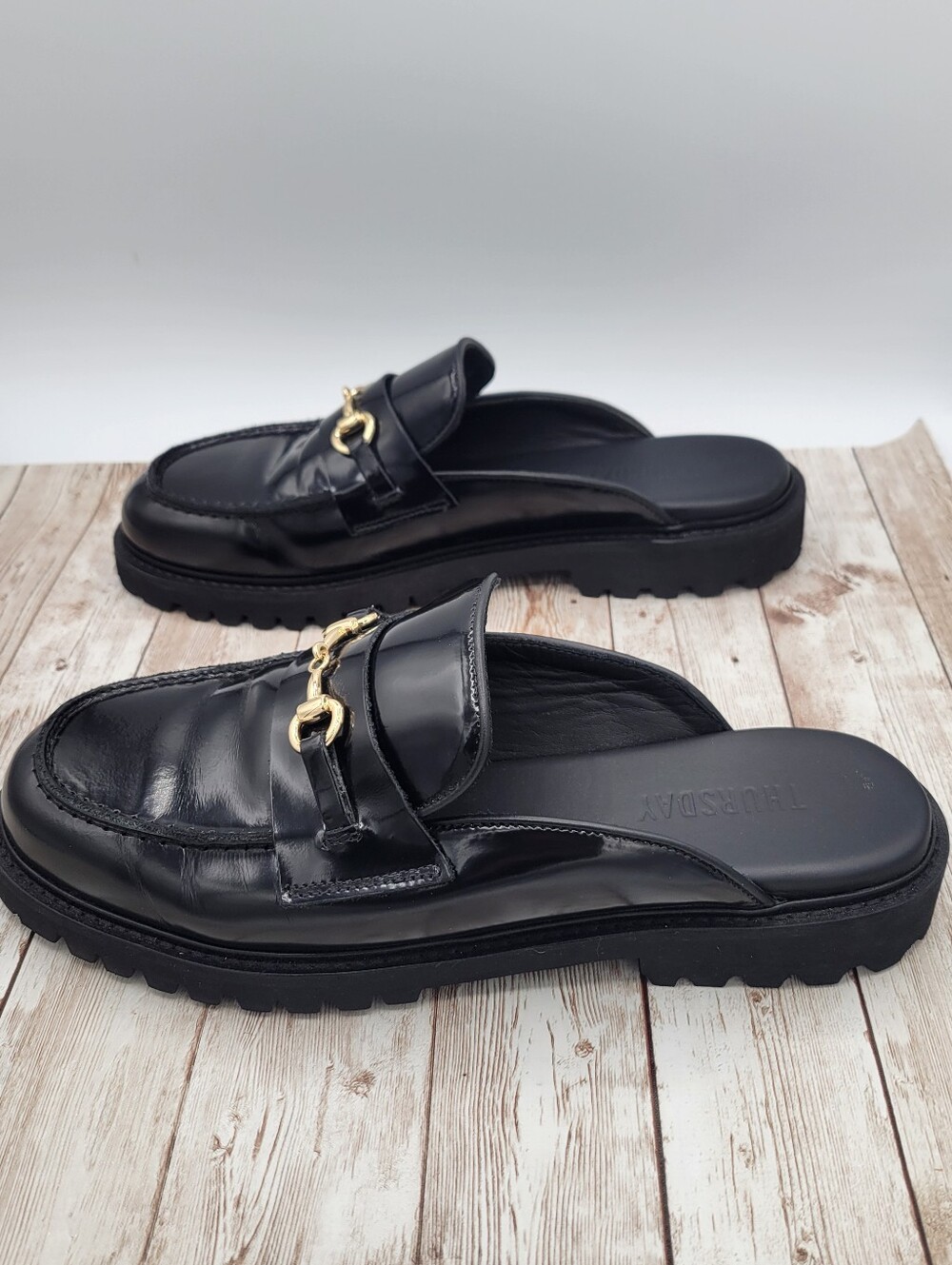 Thursday Leather Black Penny Mule Gold Hardware Women's Size 10 - Picture 10 of 16